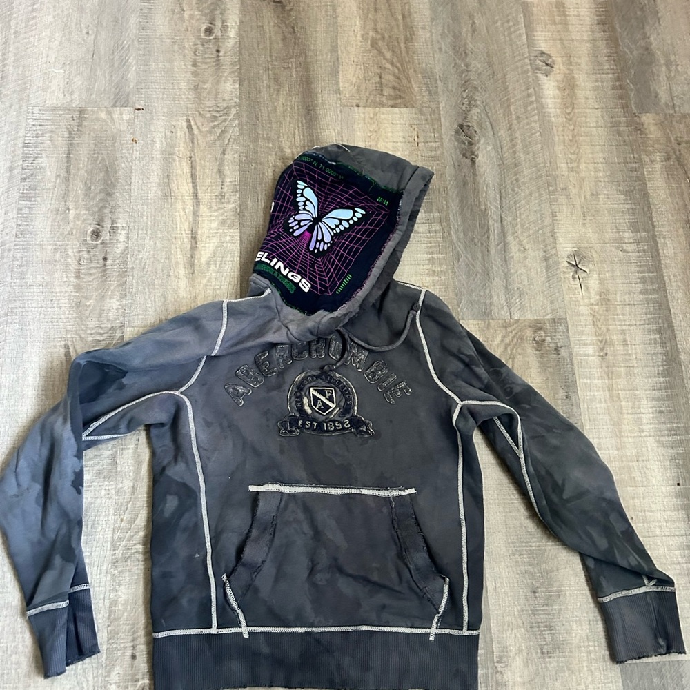 Abercrombie Distressed Black Hoodie with Butterfly Lined Hood